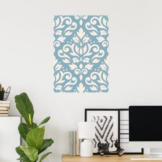 Scroll Damask Large Pattern Cream op Blue Poster (Thuiskantoor)