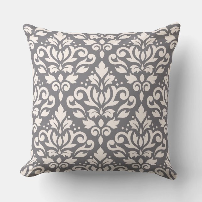 Scroll Damask Large Pattern Cream op Grey Kussen (Voorkant)