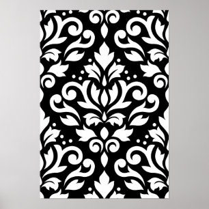 Scroll Damask Large Pattern White op Black Poster