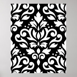 Scroll Damask Large Pattern White op Black Poster