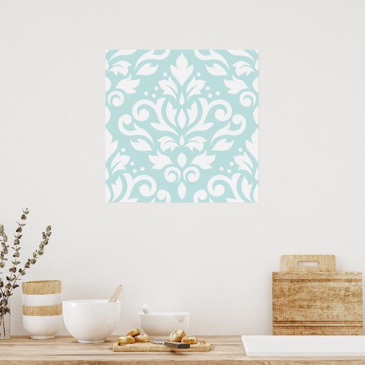 Scroll Damask Lg Design White op Duck Egg Blue Poster (Keuken)
