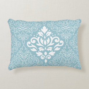 Scroll Damask Lg Patroon Mid Wit+Lijn op Blauw Accent Kussen