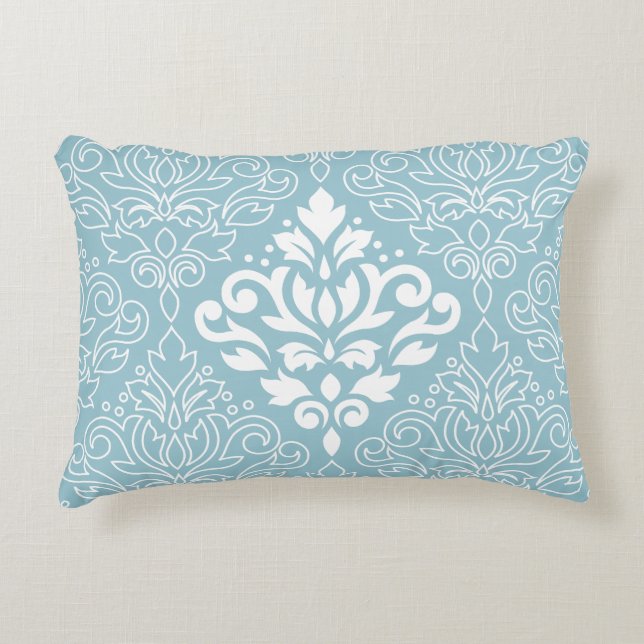 Scroll Damask Lg Patroon Mid Wit+Lijn op Blauw Accent Kussen (Voorkant)