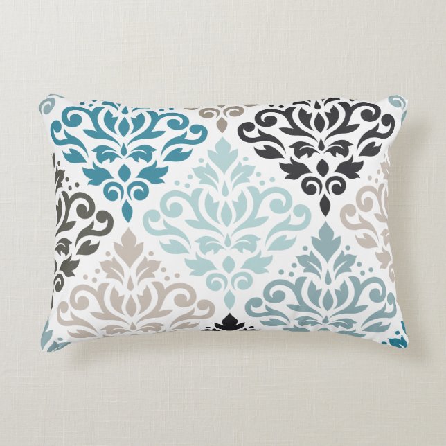 Scroll Damask LG Pattern Art Teals Bruins Wit Accent Kussen (Voorkant)