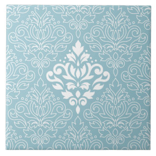 Scroll Damask LG Pattern Mid White+Line op blauw Tegeltje