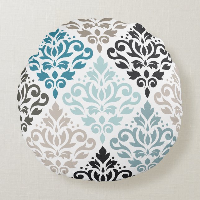 Scroll Damask LG Pattern Teals Bruins Wit Rond Kussen (Voorkant)