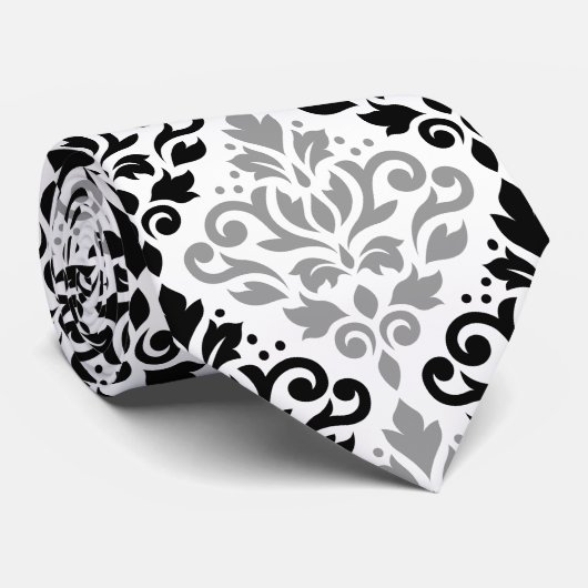 Scroll Damask LG Pattern Zwart Grijs Wit Stropdas (Opgerold)