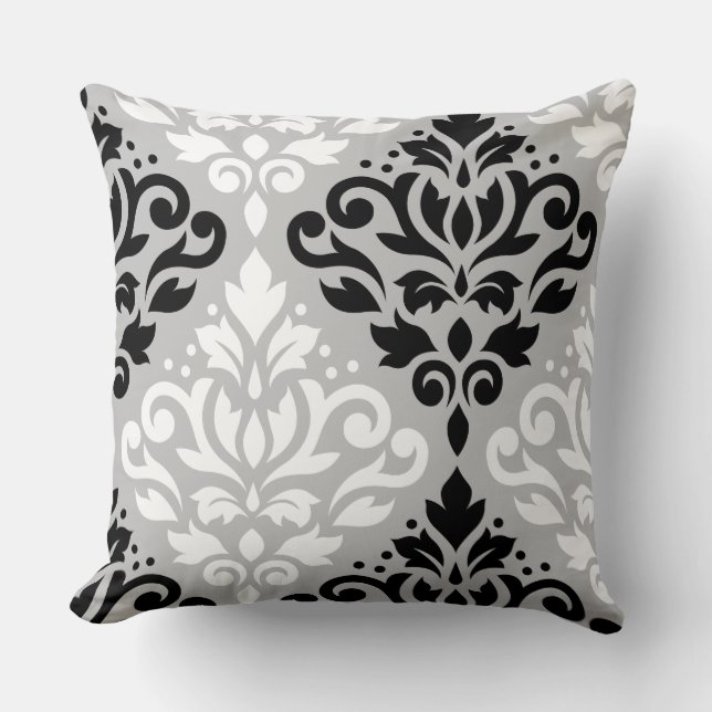 Scroll Damask LG Ptn Art B&W op grijs Kussen (Voorkant)
