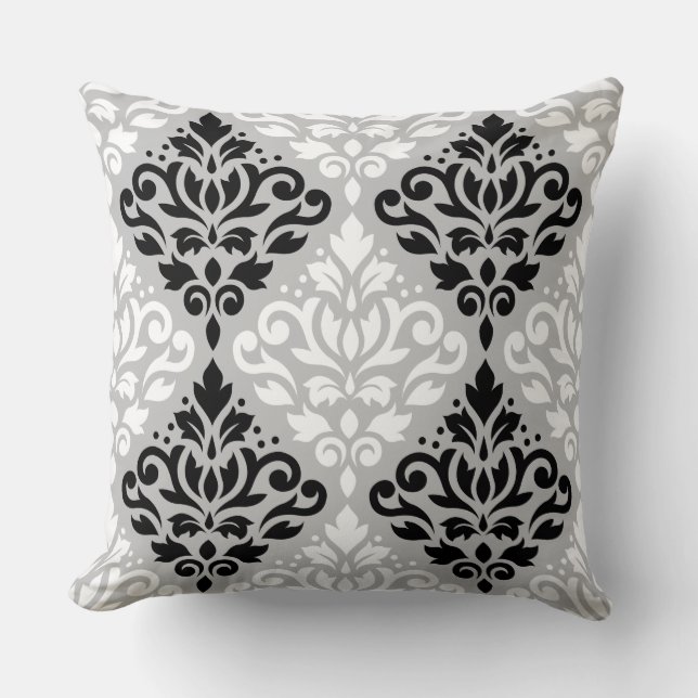Scroll Damask LG PTN B&W op grijs Kussen (Voorkant)