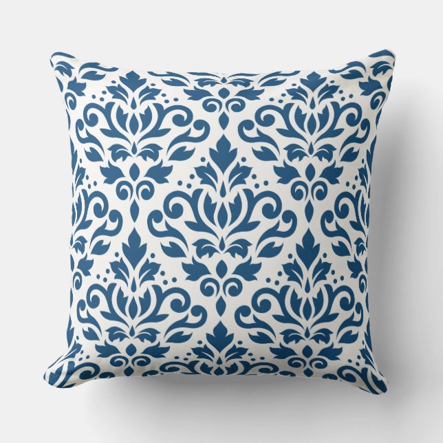 Scroll Damask LG PTN DK Blauw op Wit Kussen (Voorkant)
