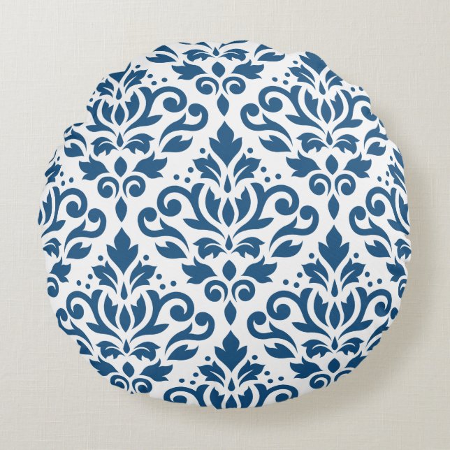 Scroll Damask LG PTN DK Blauw op Wit Rond Kussen (Voorkant)