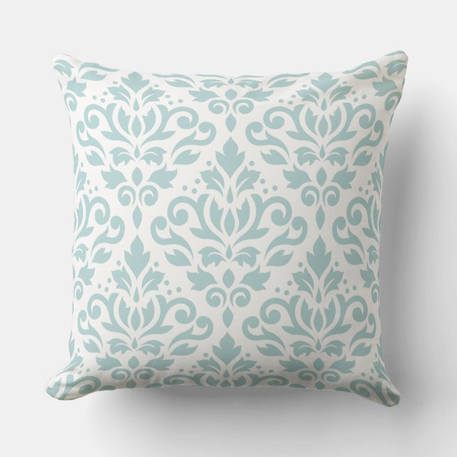 Scroll Damask LG PTN Duck Egg Blue (B) op wit Kussen (Voorkant)