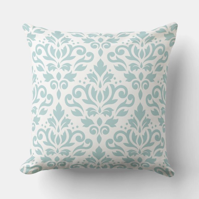 Scroll Damask LG PTN Duck Egg Blue (B) op wit Kussen (Voorkant)