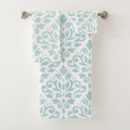 Scroll Damask Lg Ptn Lt Duck Egg Blue op White Bad Handdoek
