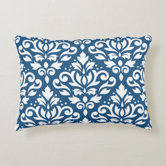 Scroll Damask LG PTN Wit op DK Blauw Accent Kussen (Voorkant)