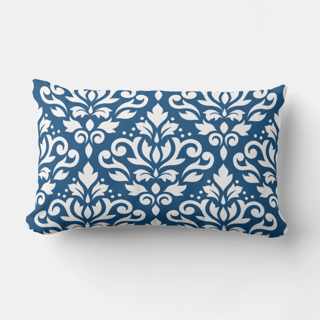 Scroll Damask LG PTN Wit op DK Blauw Kussen (Voorkant)