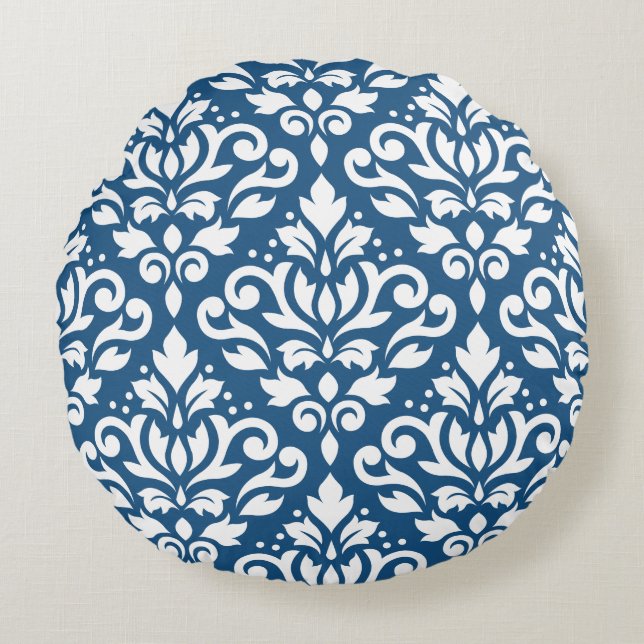 Scroll Damask LG PTN Wit op DK Blauw Rond Kussen (Voorkant)