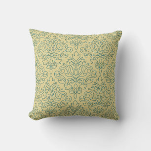 Scroll Damask Lijn Groot Patroon Teal op Goud Kussen