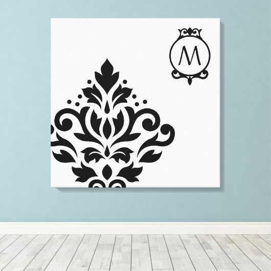 Scroll Damask Off-set I (Initiaal ) BW Canvas Afdruk (Insitu (Houten vloer))