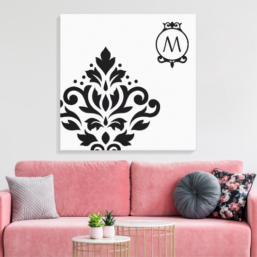 Scroll Damask Off-set I (Initiaal ) BW Canvas Afdruk (Insitu (Woonkamer))