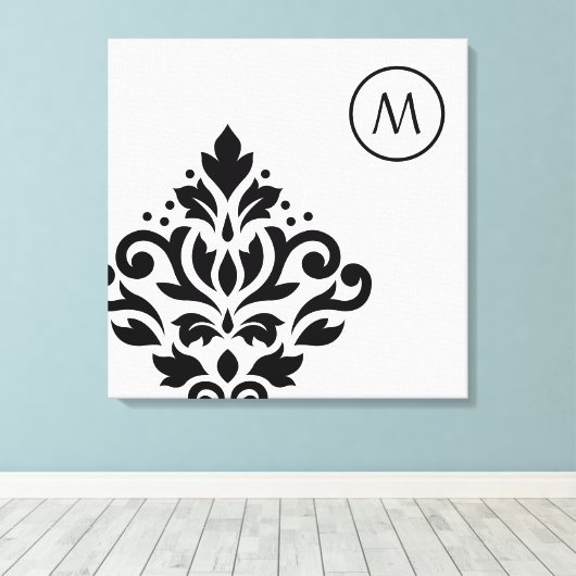 Scroll Damask Off-set I (Initiaal) BW Canvas Afdruk (Insitu (Houten vloer))