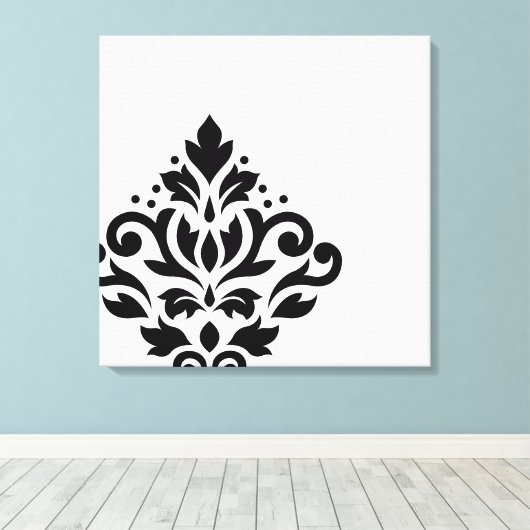 Scroll Damask Off-set I Zwart op Wit Canvas Afdruk (Insitu (Houten vloer))