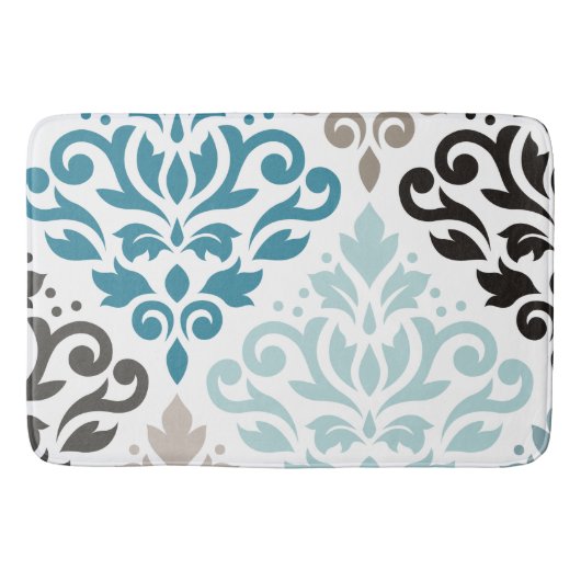 Scroll Damask Offset PTN Art Teals Bruins Wit Badmat (Voorkant)