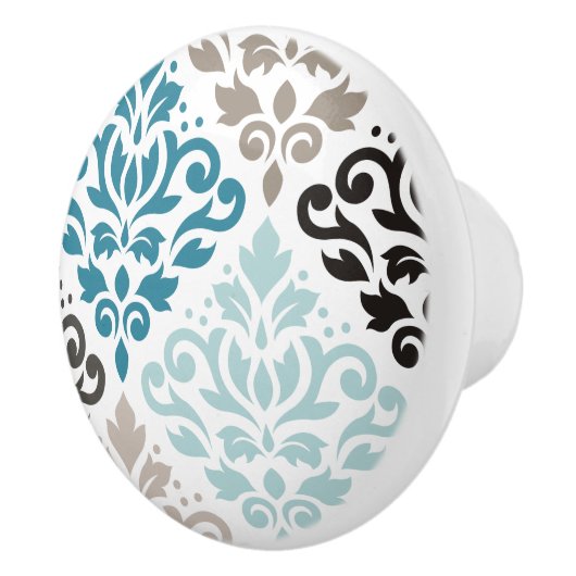 Scroll Damask Offset PTN Art Teals Bruins Wit Keramische Knop (Rechts)