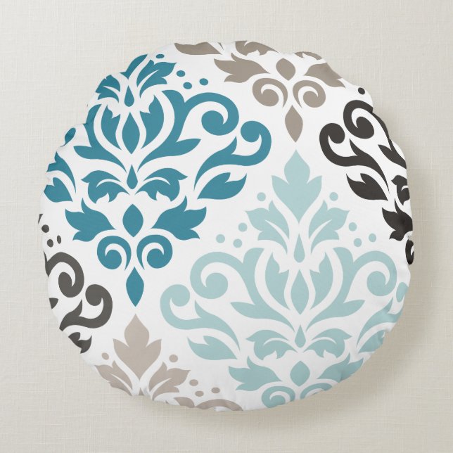 Scroll Damask Offset PTN Art Teals Bruins Wit Rond Kussen (Voorkant)