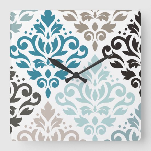 Scroll Damask Offset PTN Art Teals Bruins Wit Vierkante Klok (Voorkant)