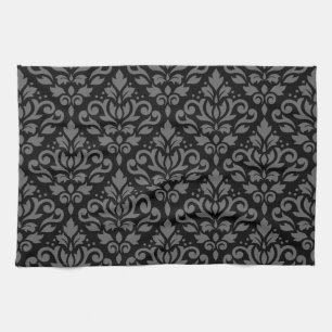 Scroll Damask Pattern Grey op Black Theedoek