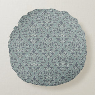 Scroll Damask Pattern (overzicht) Cream Blues Blau Rond Kussen