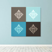 Scroll Damask Pattern Squares Teals Bruins Wit Canvas Afdruk (Insitu (Houten vloer))