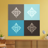 Scroll Damask Pattern Squares Teals Bruins Wit Canvas Afdruk (Insitu (Woonkamer))