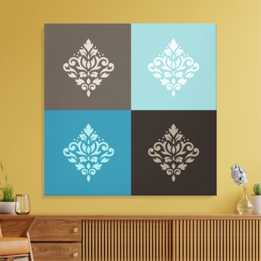 Scroll Damask Pattern Squares Teals Bruins Wit Canvas Afdruk (Insitu (Woonkamer))