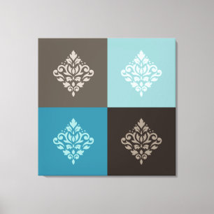 Scroll Damask Pattern Squares Teals Bruins Wit Canvas Afdruk