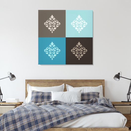 Scroll Damask Pattern Squares Teals Bruins Wit Canvas Afdruk (Insitu (Slaapkamer))