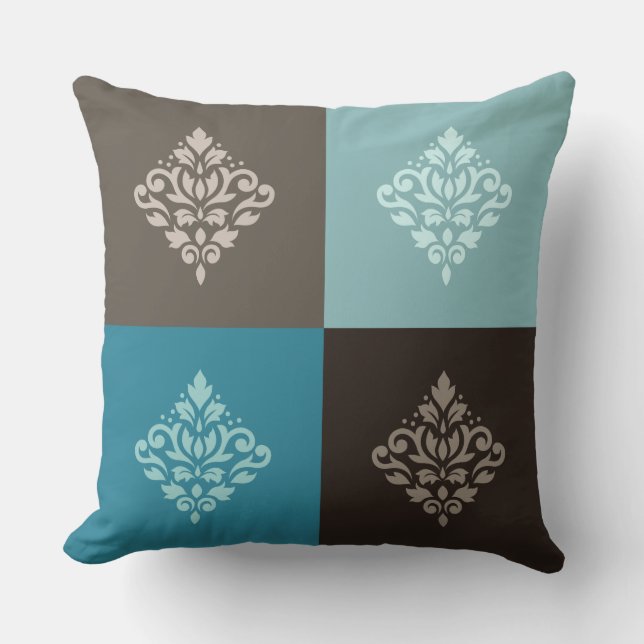Scroll Damask Pattern Squares Teals Bruins Wit Kussen (Voorkant)