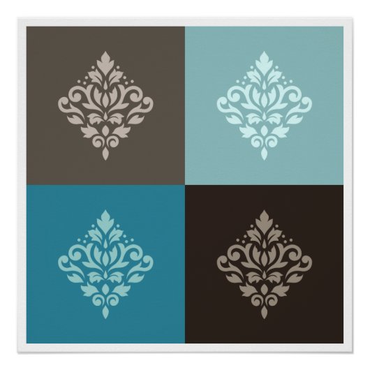 Scroll Damask Pattern Squares Teals Bruins Wit Perfect Poster (Voorkant)
