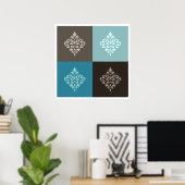 Scroll Damask Pattern Squares Teals Bruins Wit Poster (Thuiskantoor)