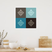 Scroll Damask Pattern Squares Teals Bruins Wit Poster (Keuken)