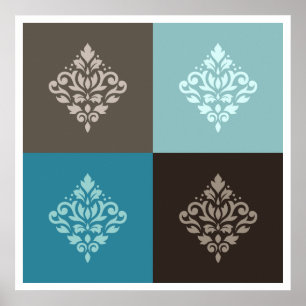 Scroll Damask Pattern Squares Teals Bruins Wit Poster