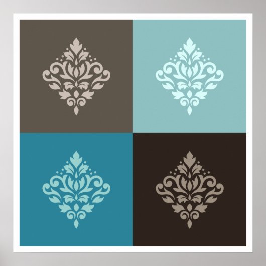 Scroll Damask Pattern Squares Teals Bruins Wit Poster (Voorkant)