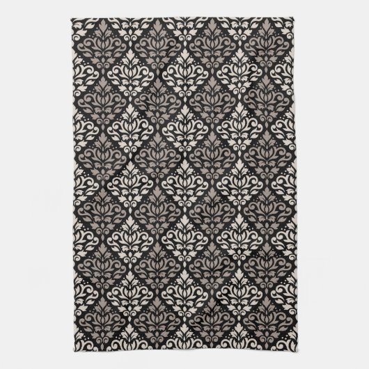 Scroll Damask Pattern Taupe Cream Black Theedoek (Verticaal)