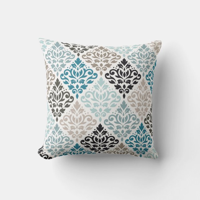 Scroll Damask Pattern Teals Bruins Wit Kussen (Voorkant)