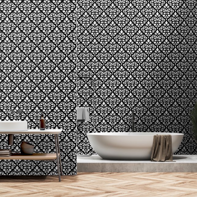 Scroll Damask Pattern Wit op Zwart Behang (Badkamer)