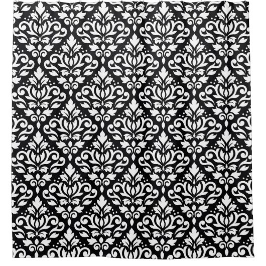 Scroll Damask Pattern Wit op Zwart Douchegordijn (Voorkant)