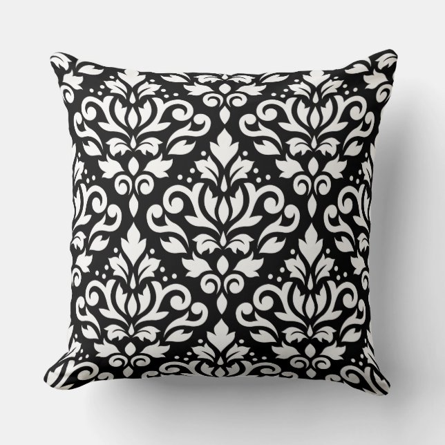Scroll Damask Pattern Wit op Zwart Kussen (Voorkant)