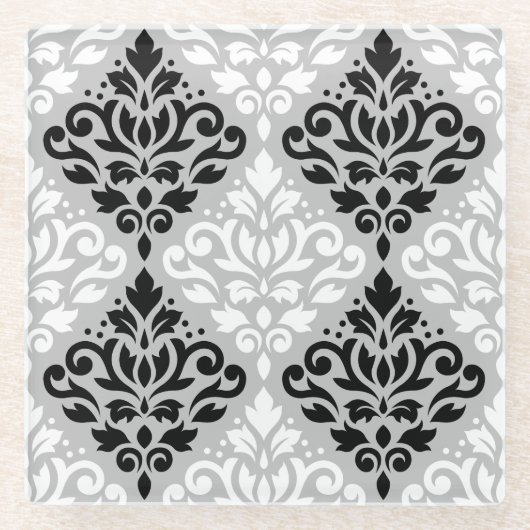 Scroll Damask Ptn B&W op grijs Glazen Onderzetter (Voorkant)