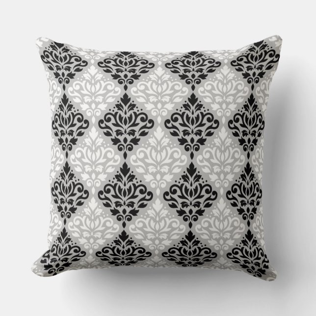 Scroll Damask Ptn B&W op grijs Kussen (Voorkant)